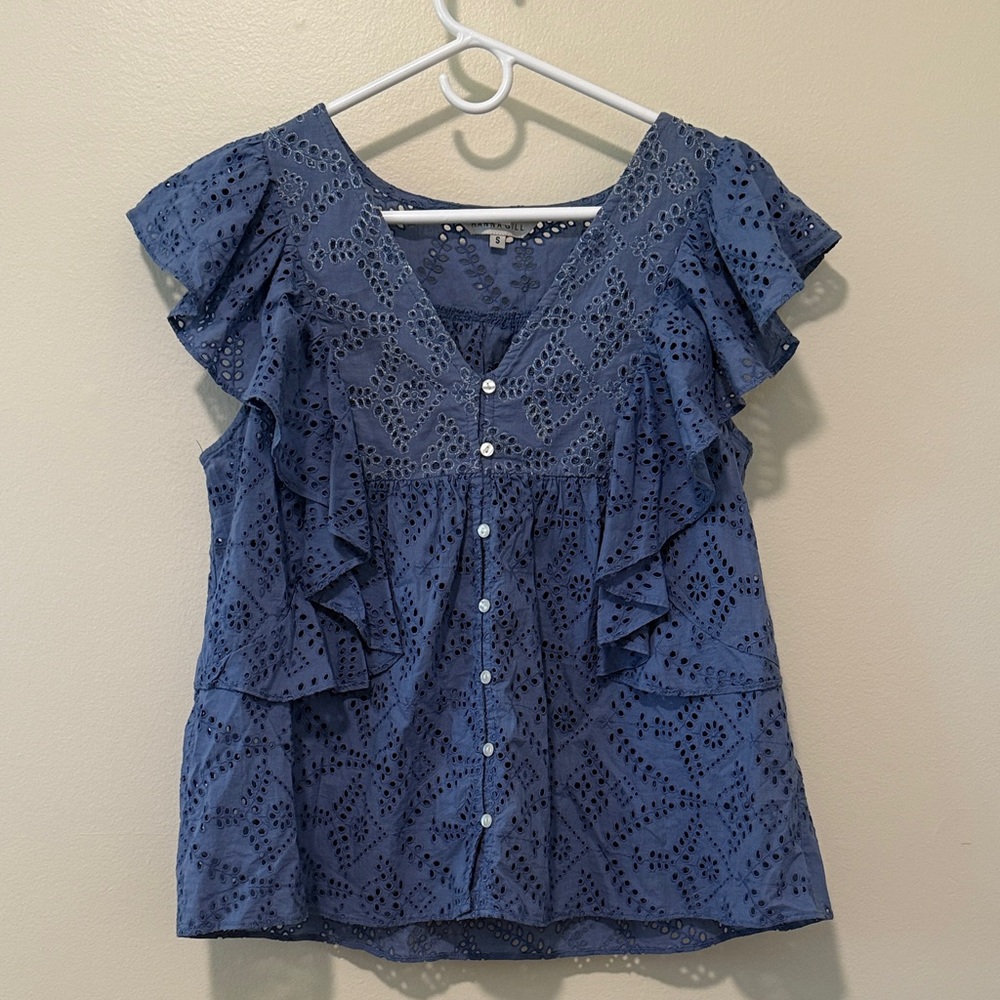 Anthropologie Blue Eyelet Ruffle Front Button Blouse